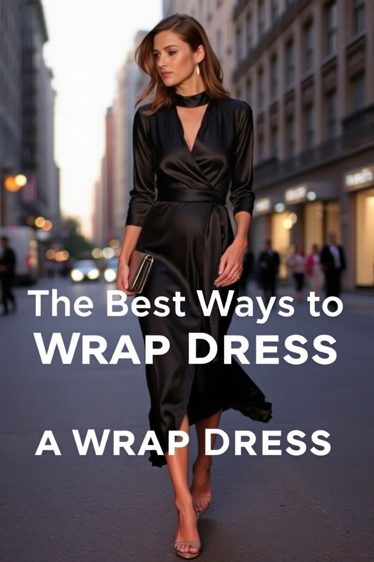 A woman in a black satin wrap dress with a high neckline, wearing strappy heels and a clutch, walking through 