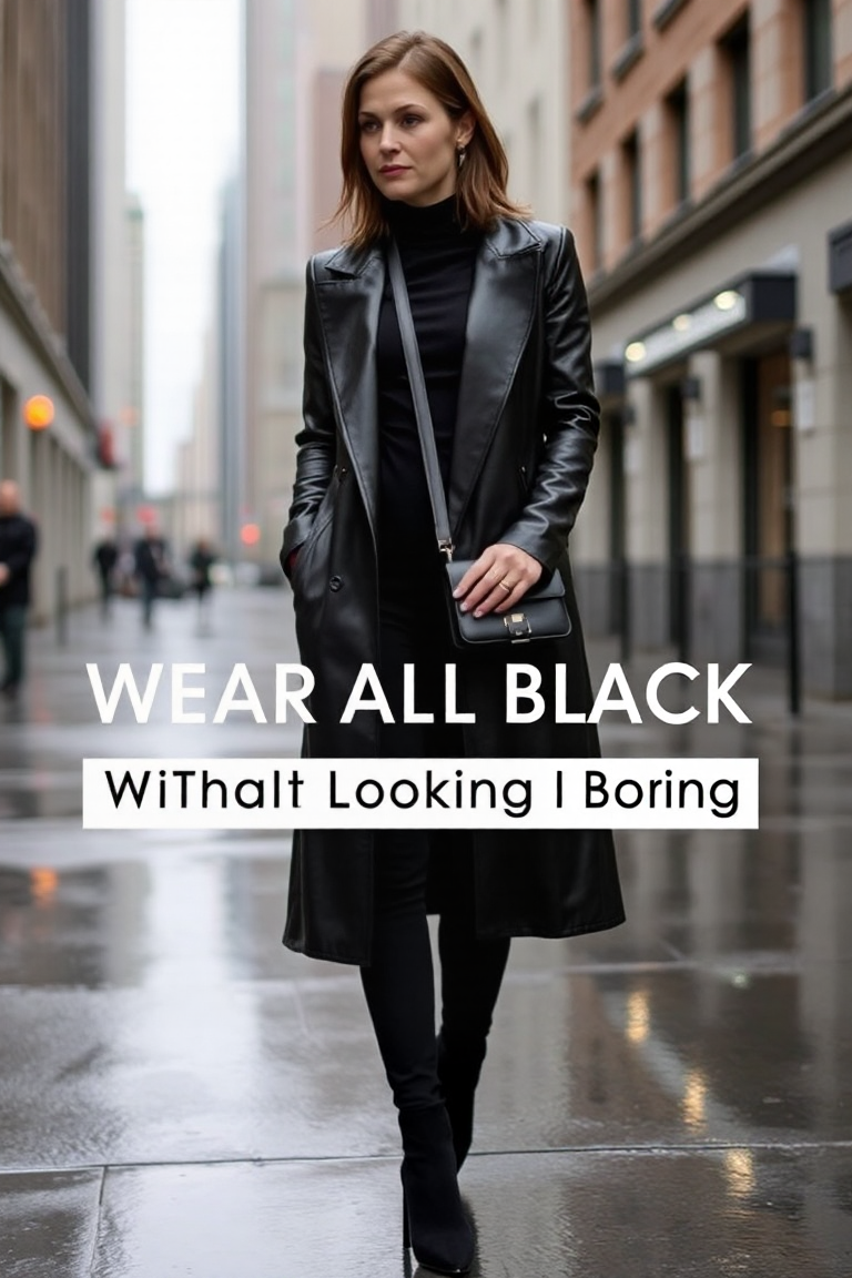 A woman in a black velvet turtleneck layered under a long black leather coat, standing against a rainy urban b