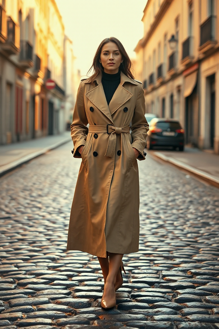 A woman with a pear shape standing on a cobblestone street, wearing a long A-line trench coat with a wide coll