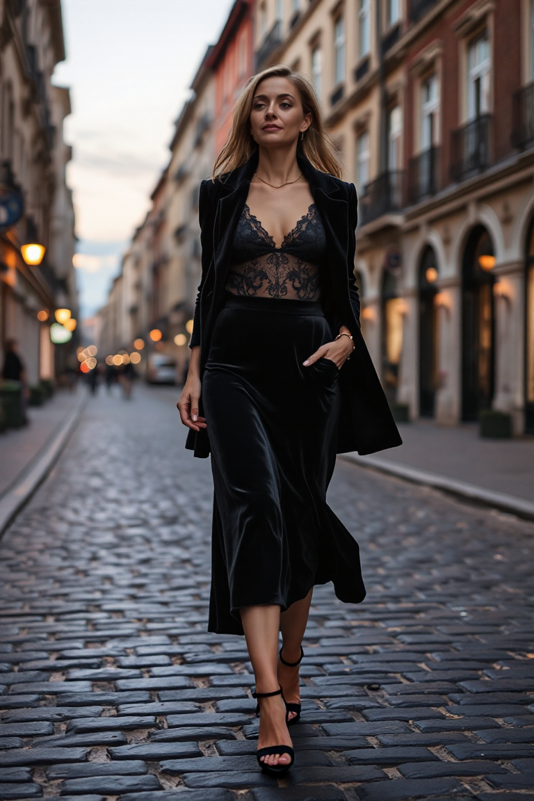 A woman walking on a cobblestone street at dusk wearing a black velvet A-line skirt, a black lace bodysuit, an