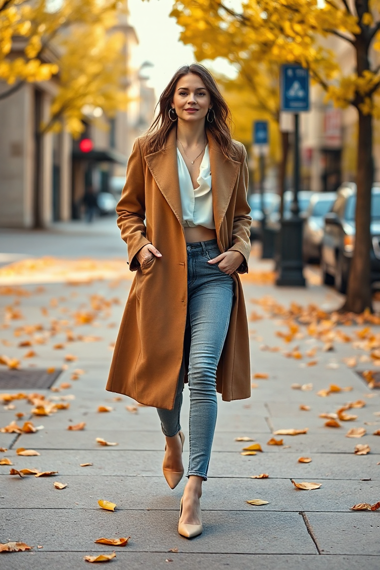 Full-body fashion photo of a woman in a medium-wash skinny jean, a cropped white silk top, and a longline came
