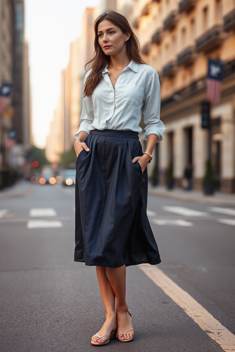 A woman in a navy silk ballet skirt with a cropped white linen shirt and gold sandals, standing on a city stre