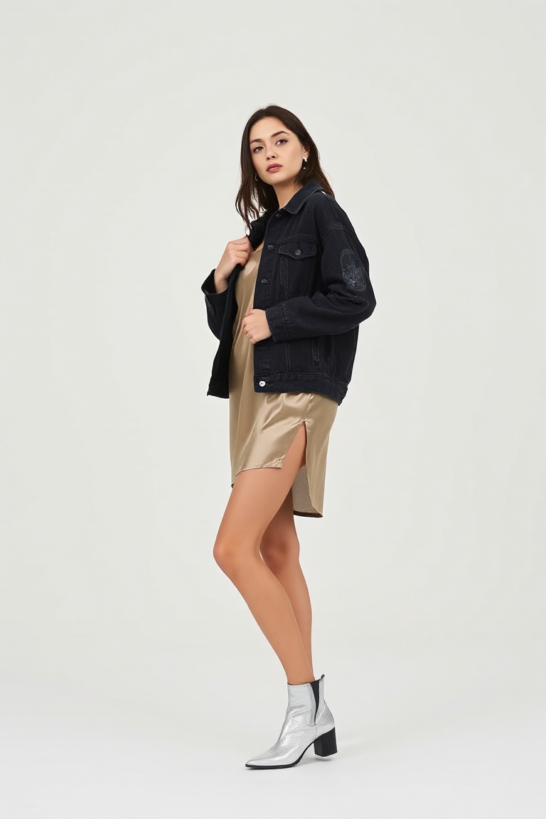 A woman poses in a minimalist studio setting, wearing a black-dyed denim jacket with a single patch on the sle