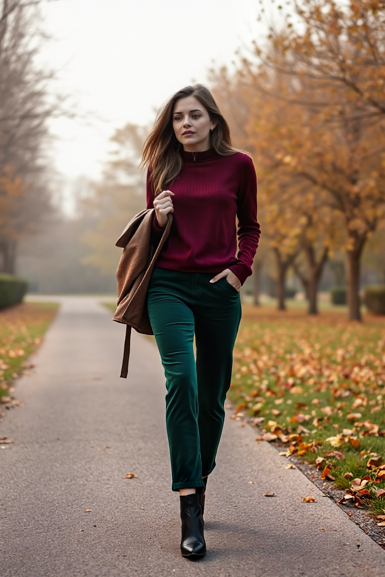 A woman walking through a misty autumn park wearing emerald green velvet trousers, a deep burgundy cashmere sw