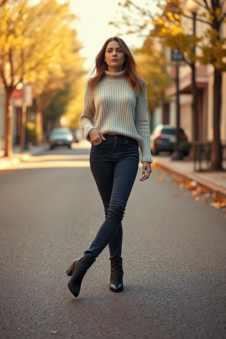 A woman in a navy skinny jeans, cream knit sweater, and black ankle boots, walking down a quiet street in autu
