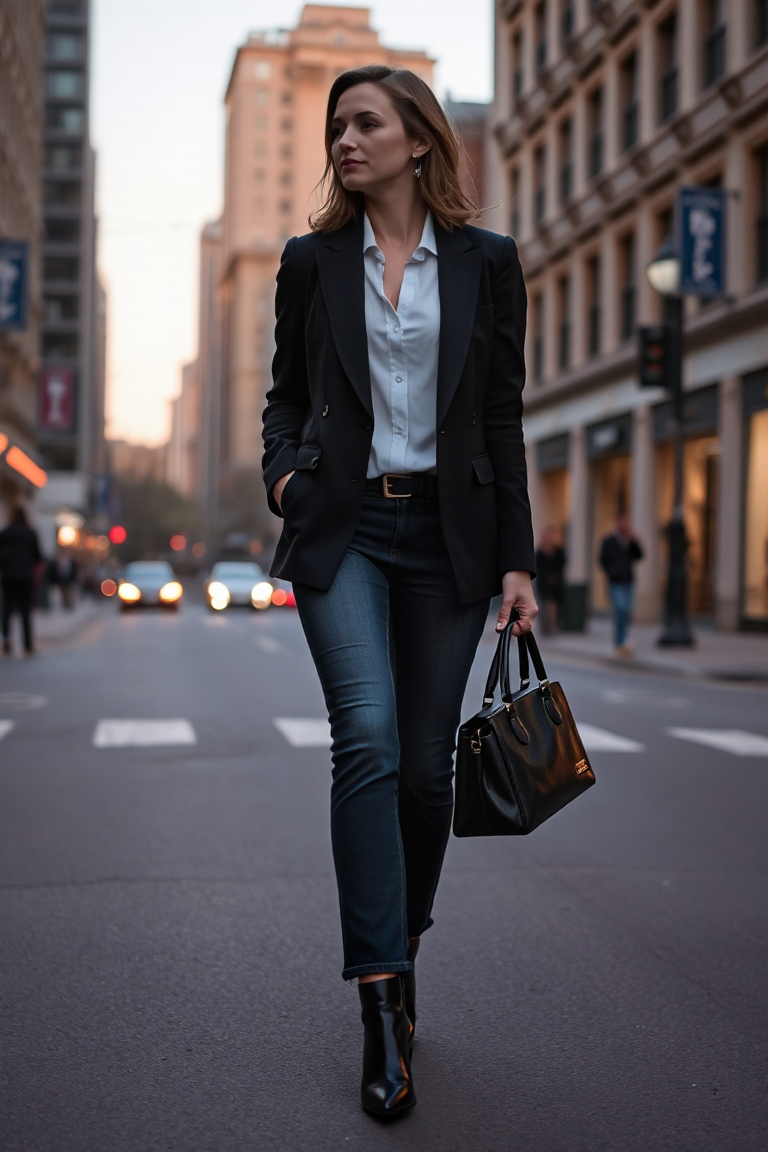 A woman in a black blazer, white blouse, and straight-leg jeans, walking through a city street at dusk, wearin