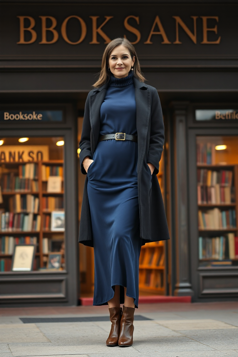 A woman in a navy blue maxi dress with a thick ribbed knit turtleneck underneath, wearing a knee-length black 