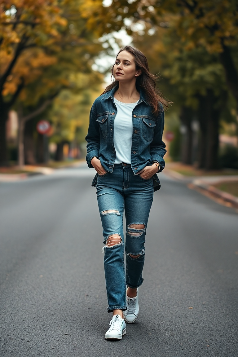 A woman in a dark-wash denim jacket and a loose-fit denim shirt, layered over a white cotton tee, with distres
