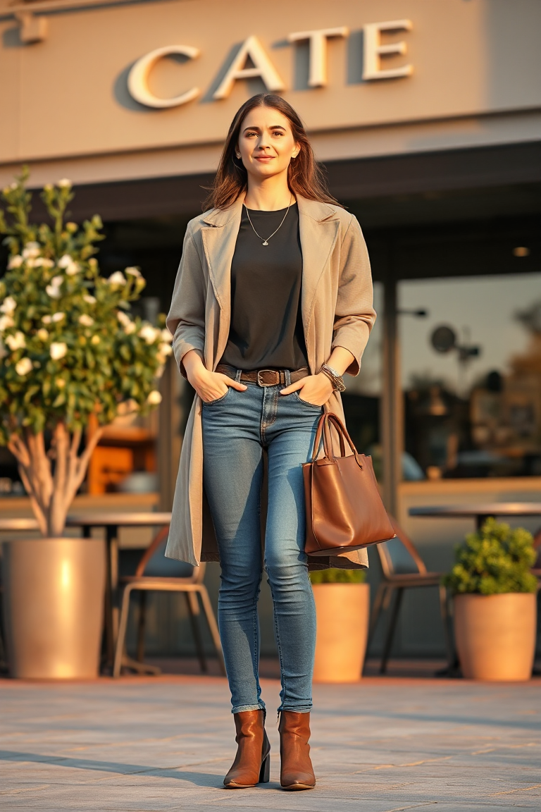 A woman in a taupe lightweight coat, black t-shirt, and slim-fit jeans, wearing ankle boots and a leather tote