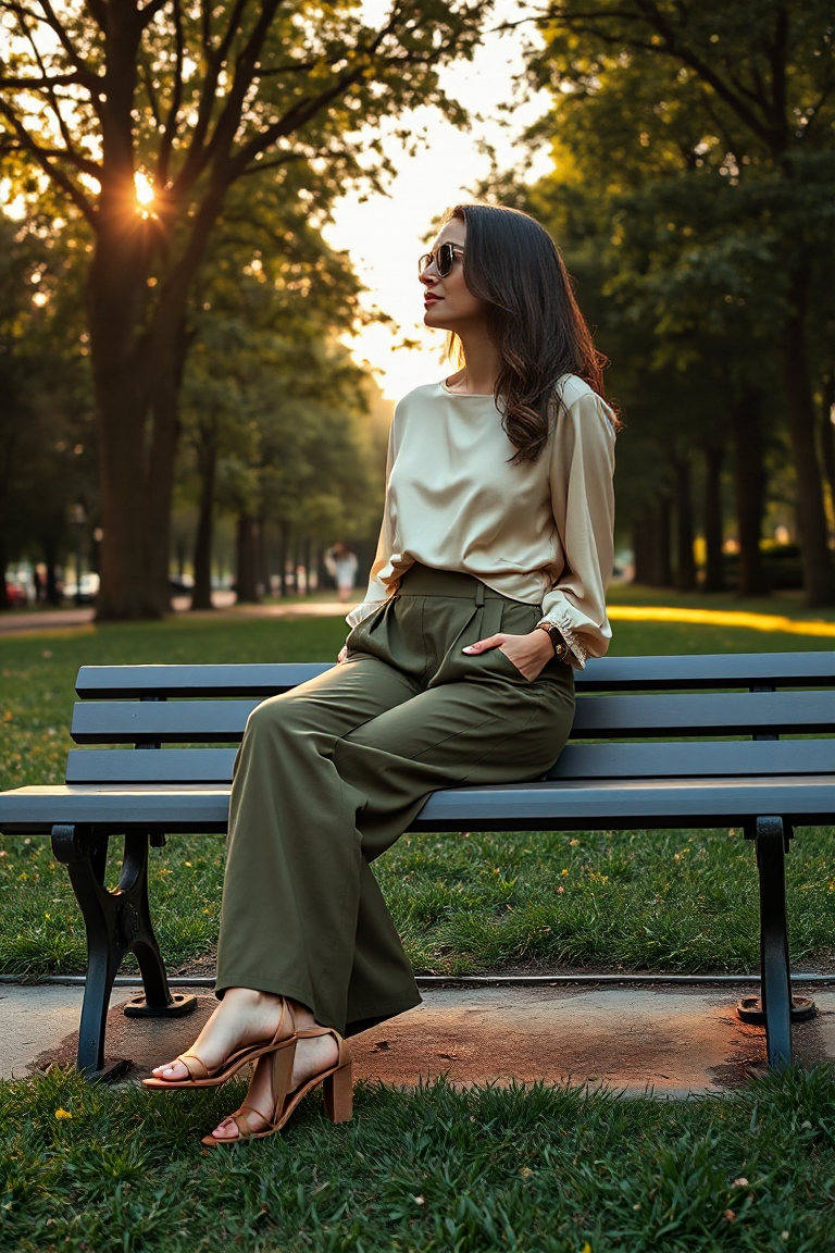 A woman in high-waisted olive green trousers with a flowy cream silk top and strappy sandals, sitting on a ben