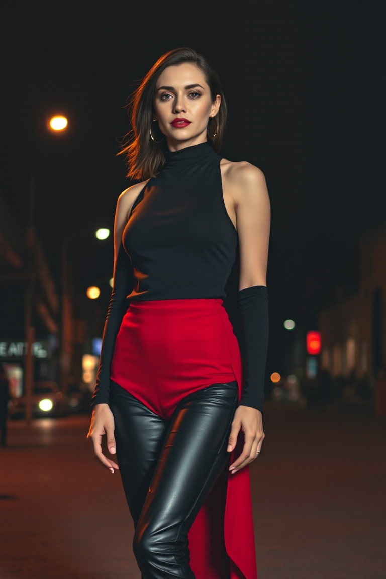 A woman in a black leather trouser and a high-neck red dress, standing against a dark urban backdrop at night,