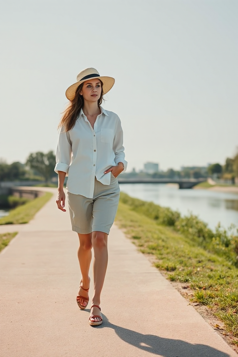 A woman in a relaxed-fit linen shirt and tailored shorts, wearing a wide-brimmed hat and minimalist sandals, s