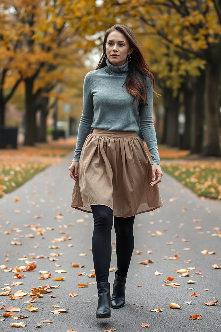 A woman in a taupe cotton ballet skirt layered over black leggings, styled with a long-sleeved grey turtleneck