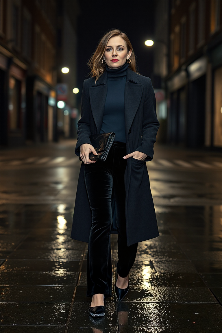 A woman in black velvet trousers, a navy turtleneck, and a long wool coat, walking through a rain-slicked stre