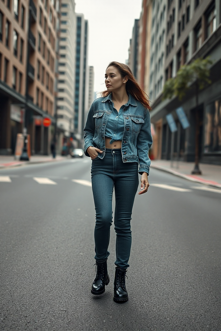 A woman in a raw denim jacket and a cropped denim shirt walks through a quiet street in a modern city, wearing