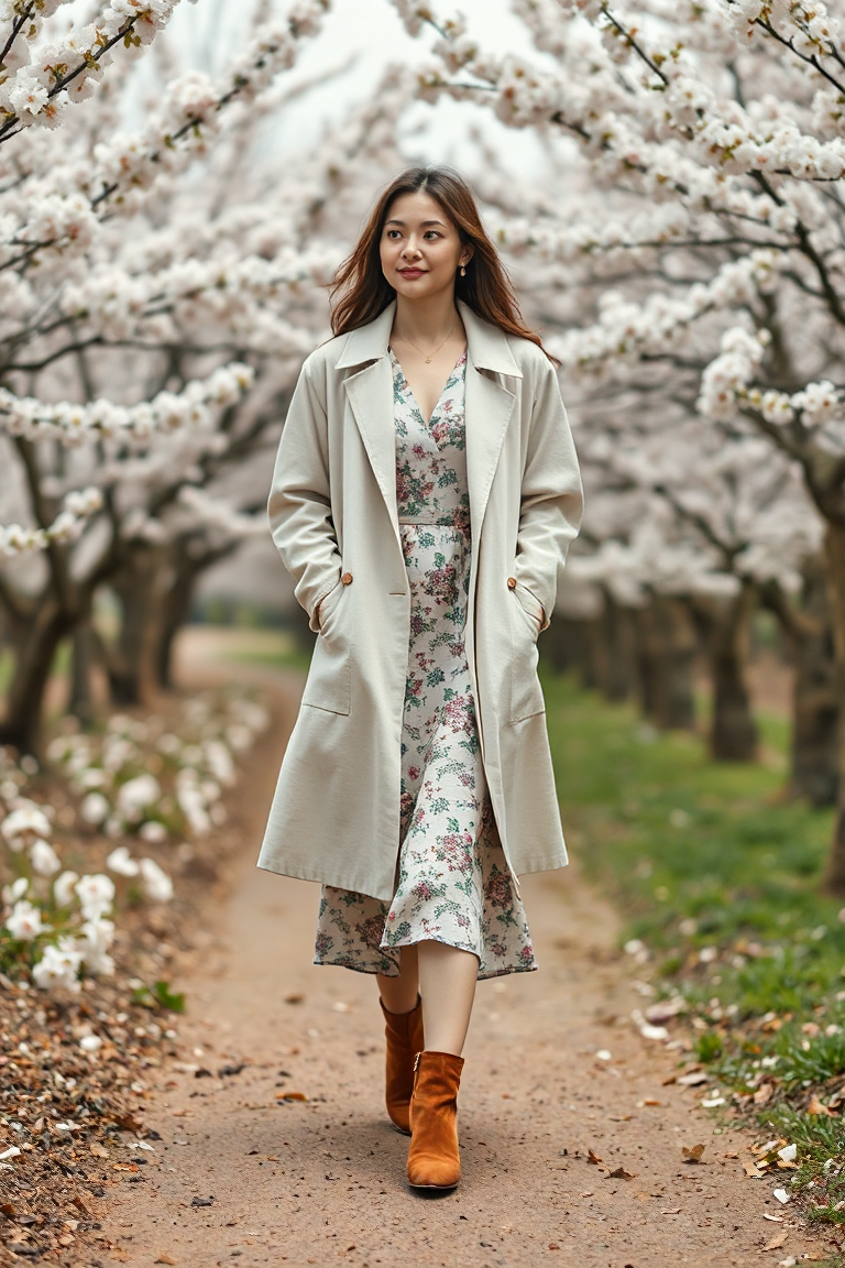 A woman in a cream linen-blend lightweight coat, a floral midi dress, and brown ankle boots, strolling through