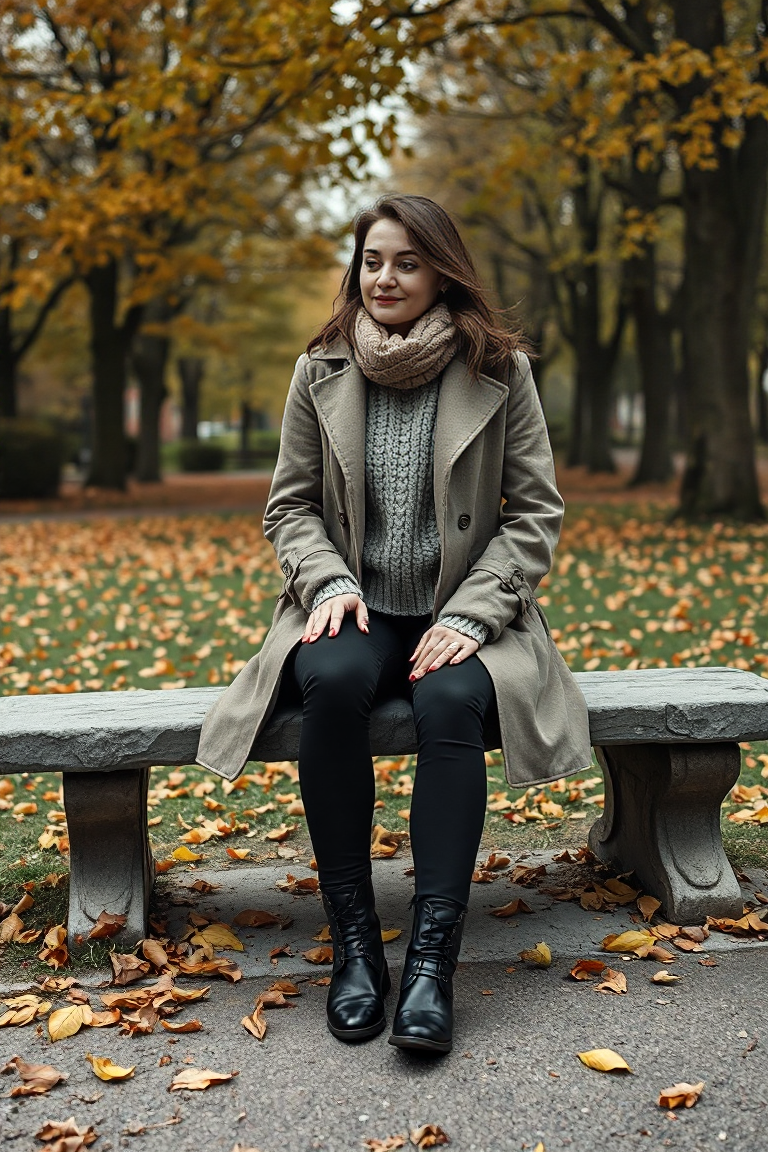 A woman sitting on a stone bench in an autumn park wearing a wool trench coat over a chunky knit sweater and s