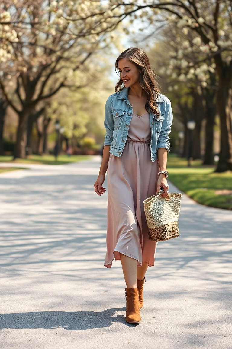 A woman in a blush pink slip dress with a light-wash denim jacket, wearing ankle boots and carrying a woven to