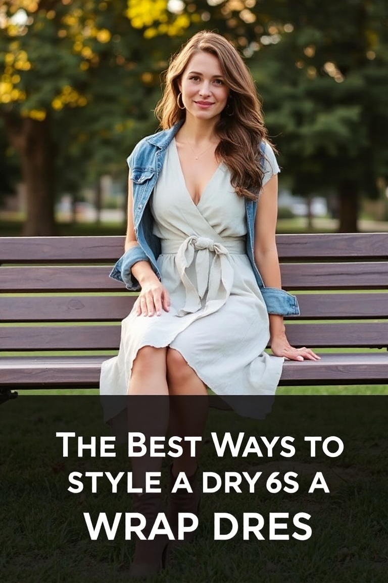 A woman in a linen wrap dress with a deep V-neck, layered with a denim jacket and ankle boots, sitting on a wo