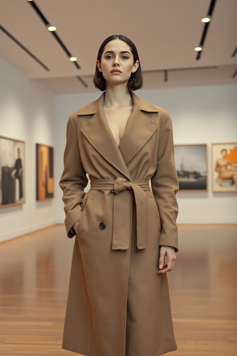 A woman with a rectangle shape standing in a modern art gallery, wearing a belted wrap coat with a deep V-neck