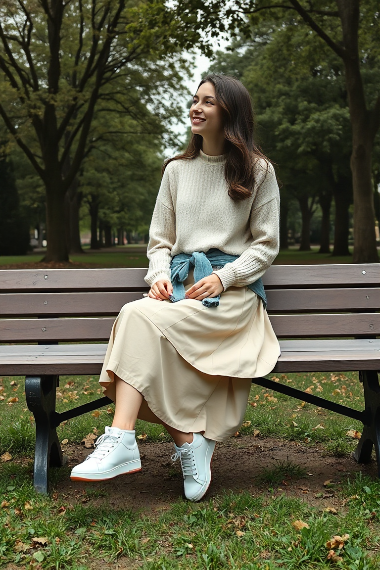 A woman sitting on a wooden bench in a leafy park wearing a beige cotton A-line skirt, a loose-knit cream swea