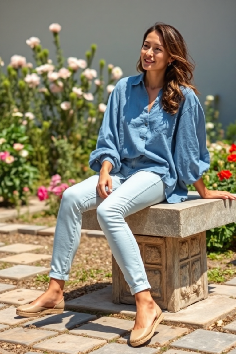 Full-body fashion photo of a woman in a light-wash skinny jean, a flowy blue linen blouse, and flat espadrille