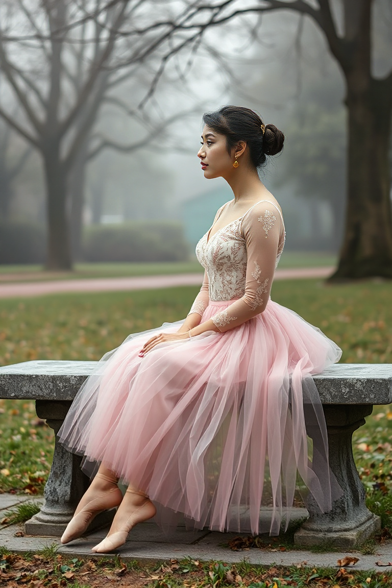 A woman in a blush pink tulle ballet skirt with a sheer lace long-sleeve top and delicate gold earrings, sitti
