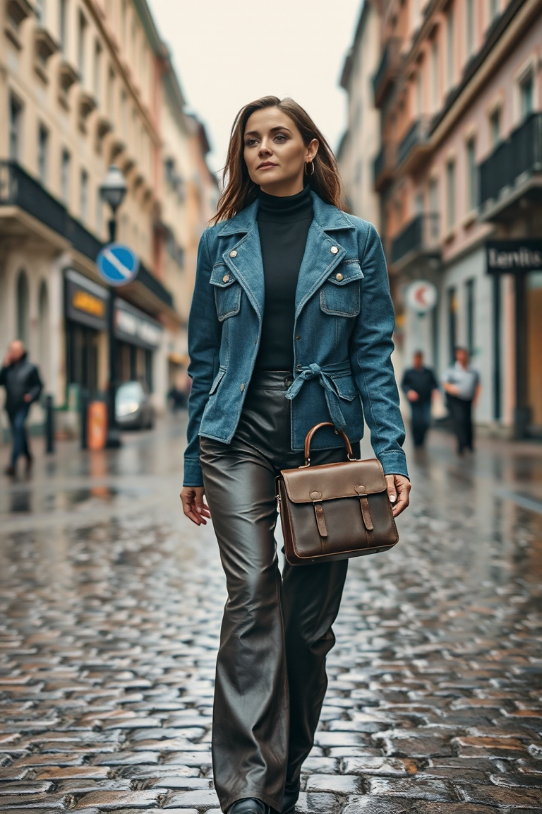 A woman walks down a cobblestone street in a rainy city, wearing a tailored denim jacket with a leather tie cl