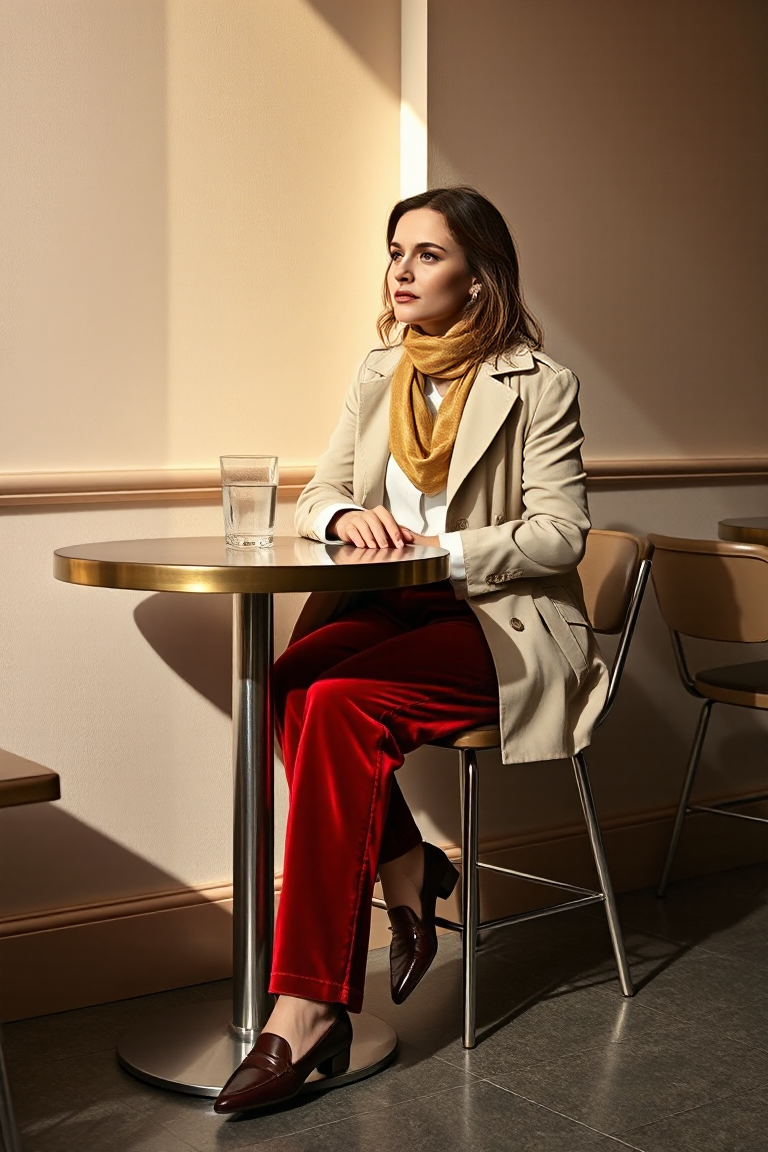 A woman sitting at a stylish café table wearing deep red velvet trousers, a white linen shirt, and a light bei