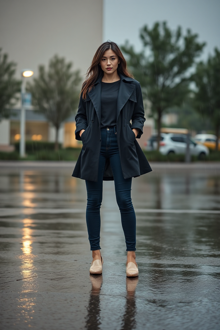 A woman in a dark blue skinny jeans, black trench coat, and nude loafers, standing under a soft rain with a re