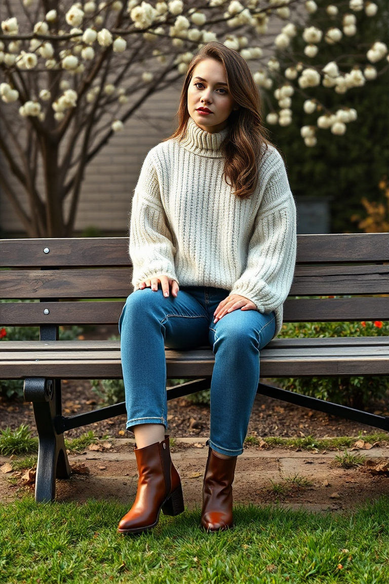 A woman in an oversized cream knit sweater, straight-leg jeans, and brown leather Chelsea boots, sitting on a