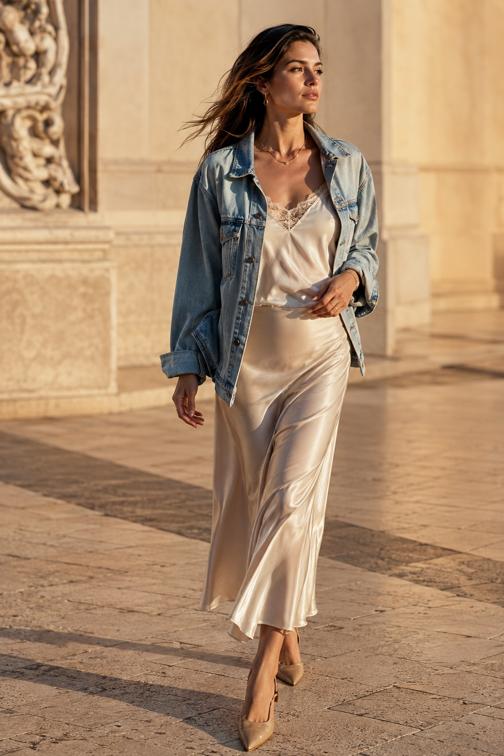 Full-body fashion photograph of a woman walking through a sunlit European square, wearing a lustrous champagne