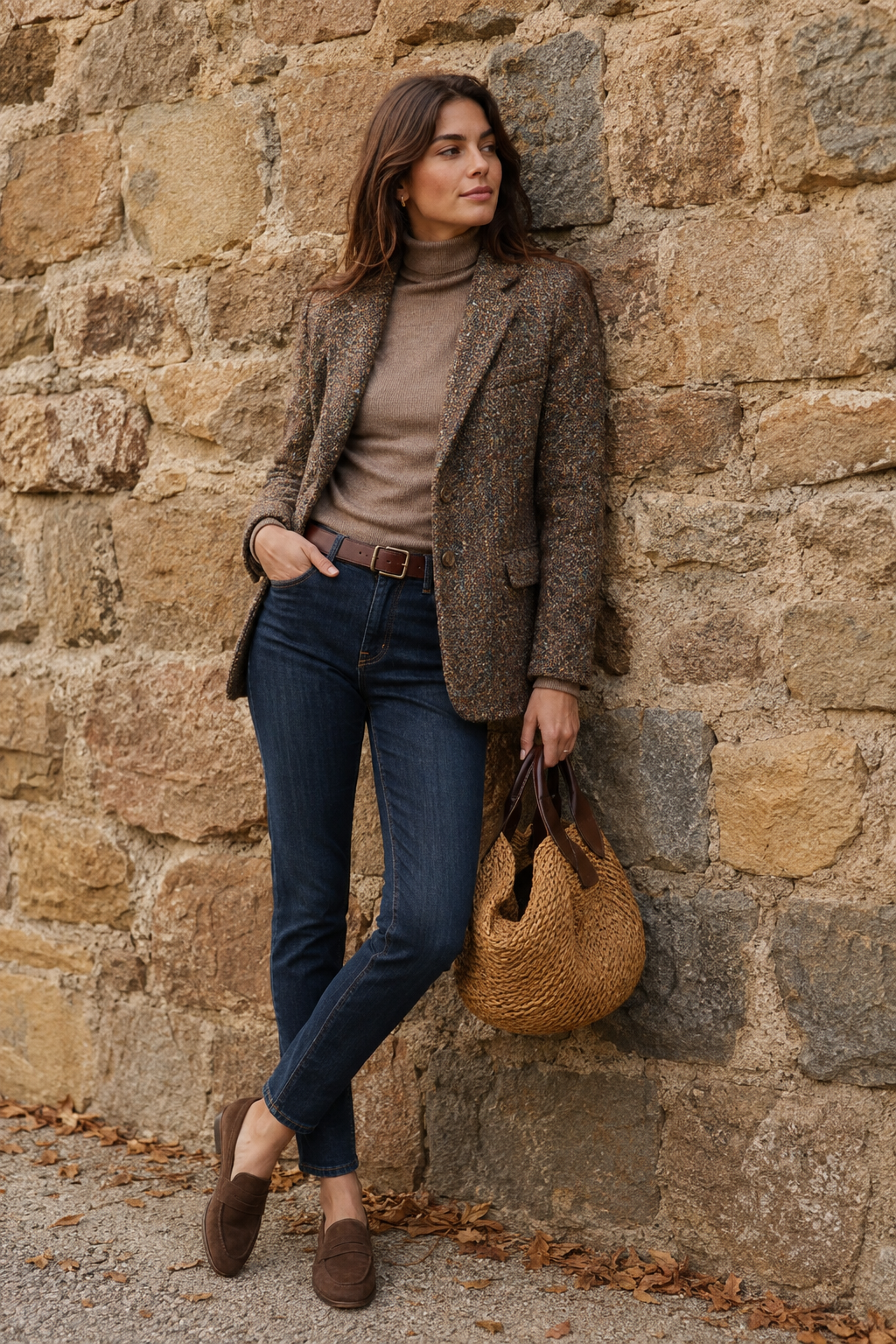 Full-body fashion photograph of a woman posing against a rustic stone wall in autumn, wearing clean dark denim