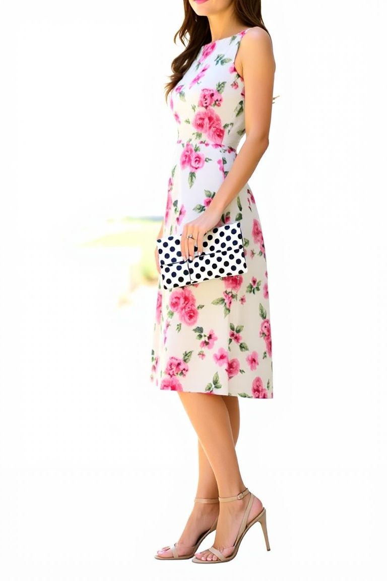 A woman wearing a floral dress with a polka dot clutch and nude heels in a garden setting with natural sunligh