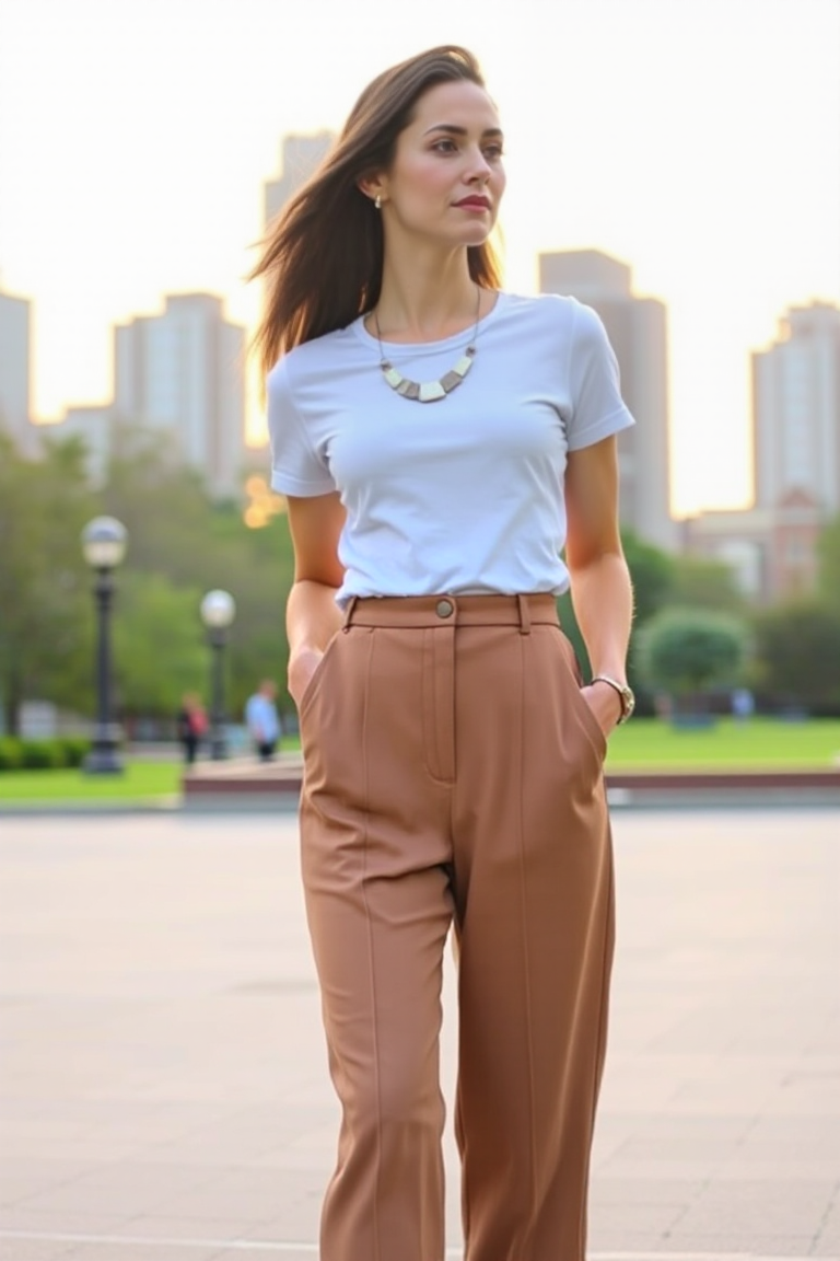 A woman in a pair of high-waisted cropped trousers and a fitted white T-shirt, paired with pointed-toe flats a