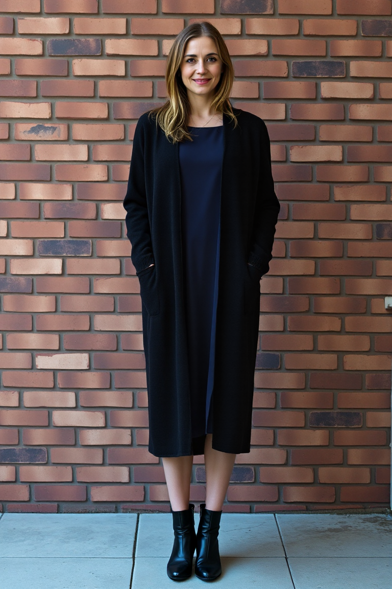 A woman in a black wool long cardigan over a navy dress and black ankle boots, standing in front of a brick wa