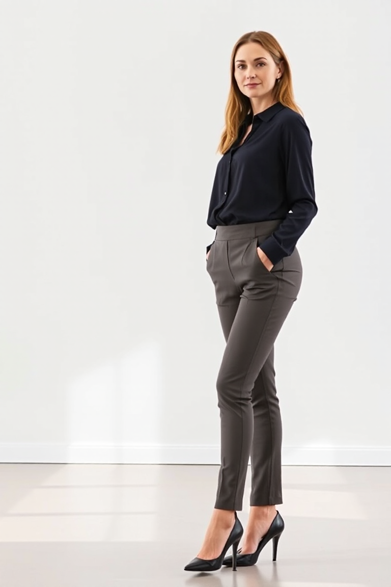 A woman in slim fit trousers, a fitted black blouse, and black heels, standing confidently in a modern office