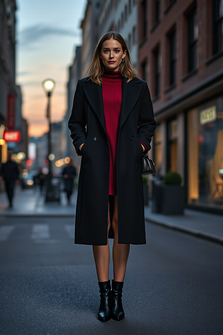 A woman standing confidently in a full-length black cashmere coat, paired with a deep red cashmere sweater dre