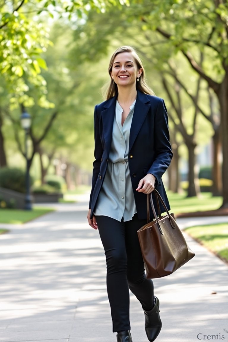 A woman in a fitted navy blazer coat, tucked-in white silk blouse, and slim black trousers walking through a l