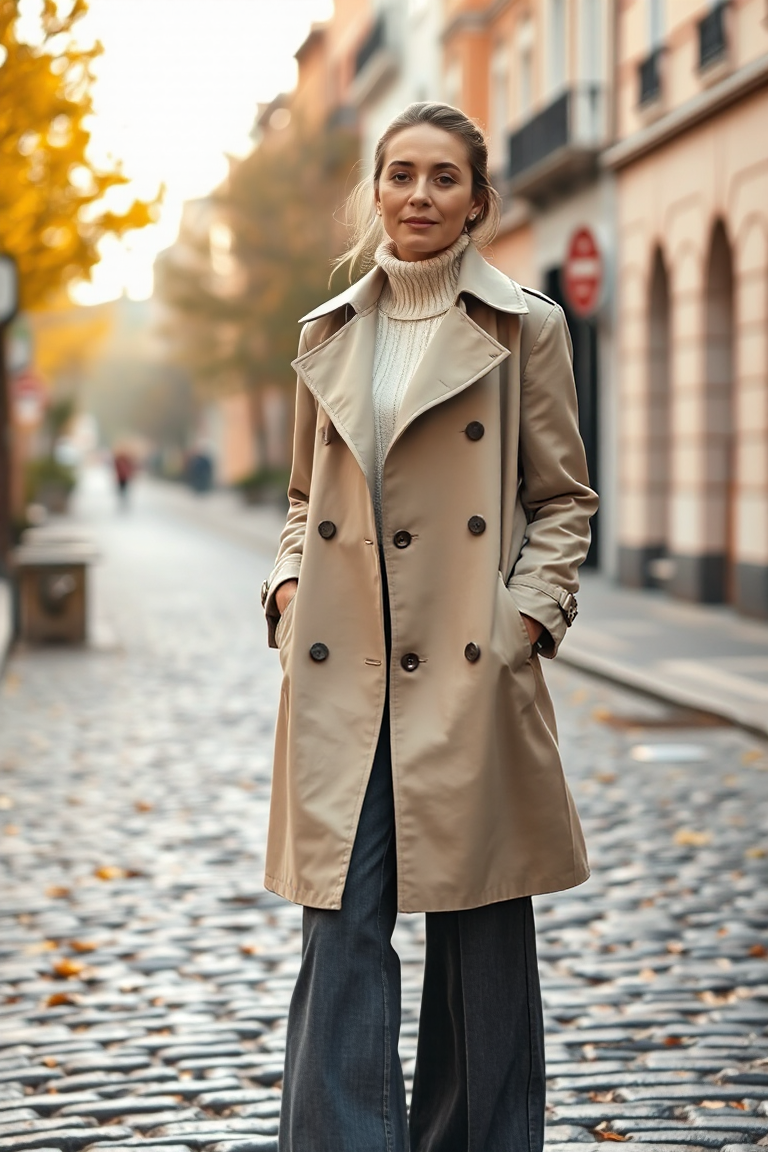 A woman in a beige trench coat layered over a cream sweater and wide-leg jeans, standing on a cobblestone stre