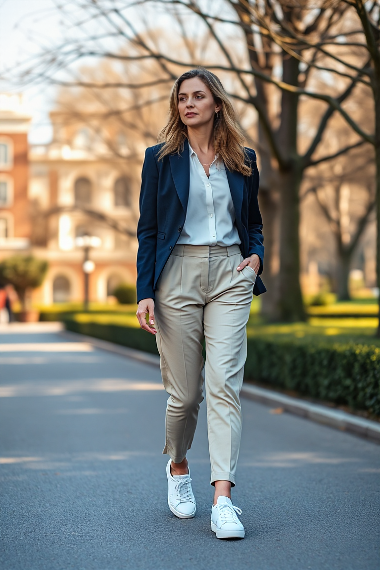 A woman wearing white sneakers, tailored beige trousers, a white silk blouse, and a navy blazer, walking throu