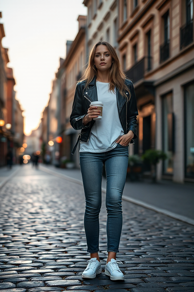 Full-body fashion photo of a woman standing on a cobblestone street at dusk, wearing a black leather jacket, w