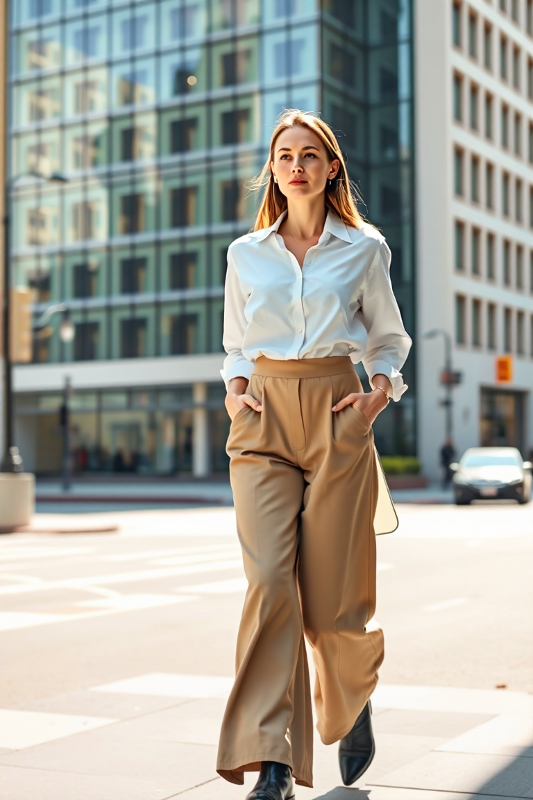 A woman in a crisp white button-down shirt, slightly unbuttoned at the top, paired with high-waisted wide-leg