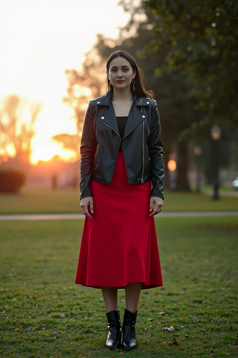 A woman in a black leather jacket, paired with a red midi skirt, statement earrings, and ankle boots, standing