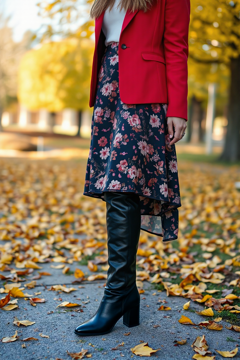 A woman in a black knee-high boot, paired with a midi skirt in a floral pattern and a cropped red blazer, stan