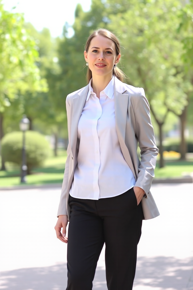 A woman in a tailored white shirt and black trousers, standing in a sunlit park, wearing loafers and a structu