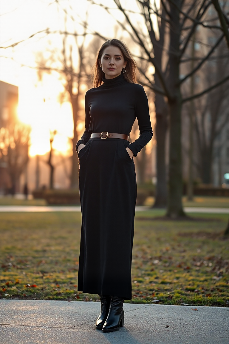 A woman wearing a long black wool maxi dress with a high-neck turtleneck underneath, standing in a city park d