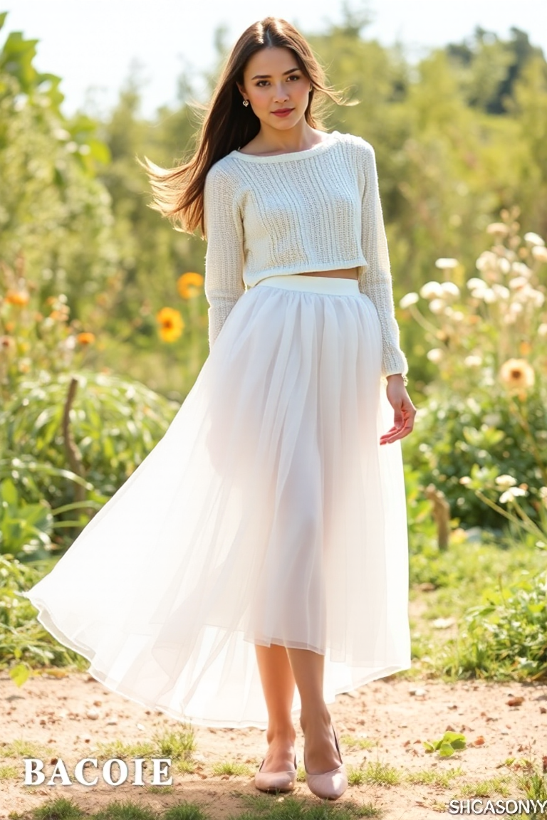 A woman in a flowing white tulle ballet skirt paired with a cropped cream knit sweater and ballet flats, stand