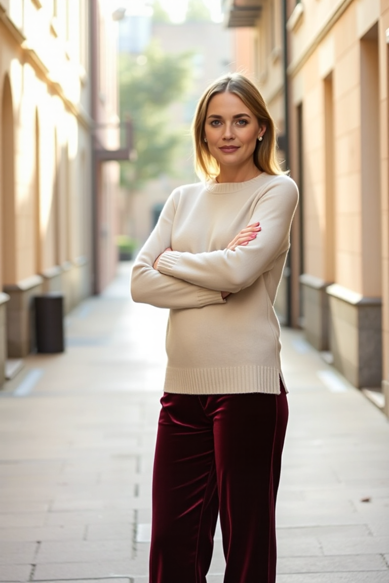 A woman in a deep burgundy velvet trousers, a cream cashmere sweater, and black pointed-toe ankle boots, stand