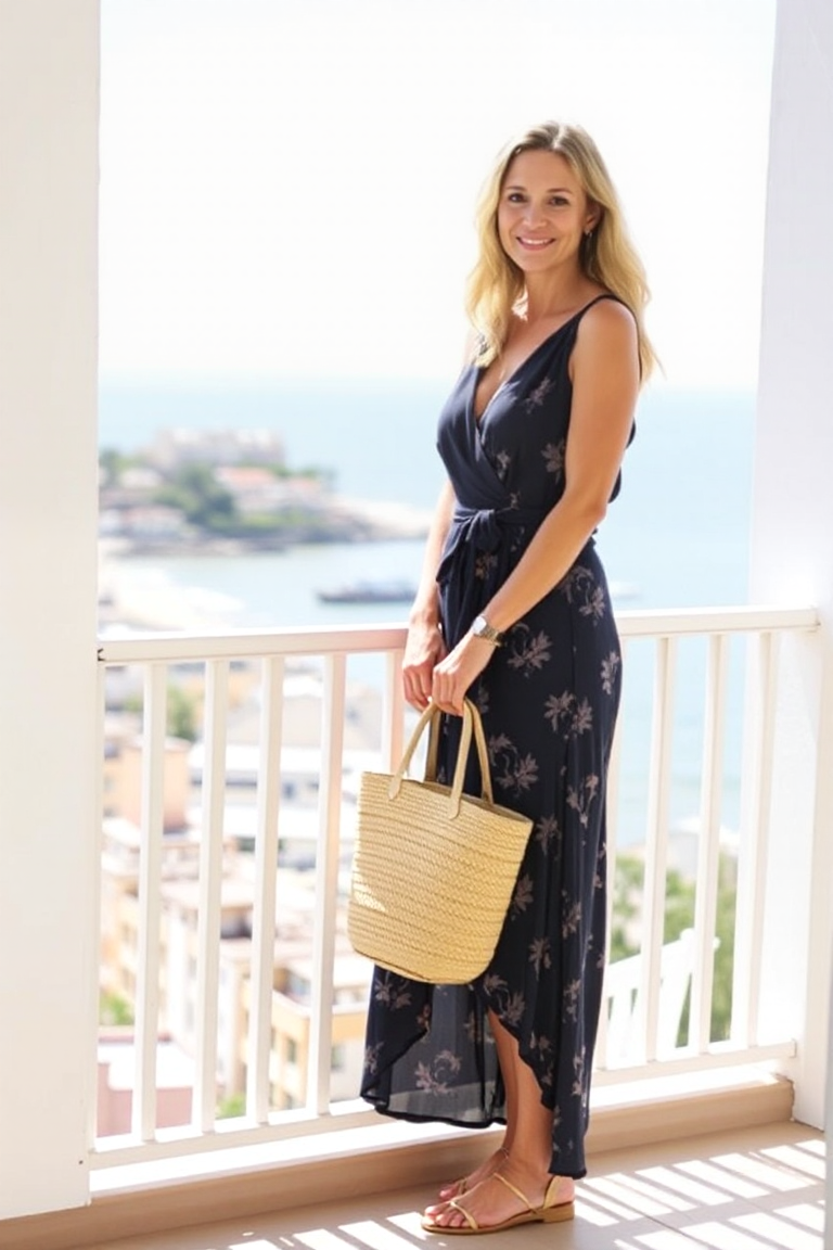 A woman in a sleeveless navy wrap dress with a subtle floral pattern, standing on a sun-drenched balcony overl